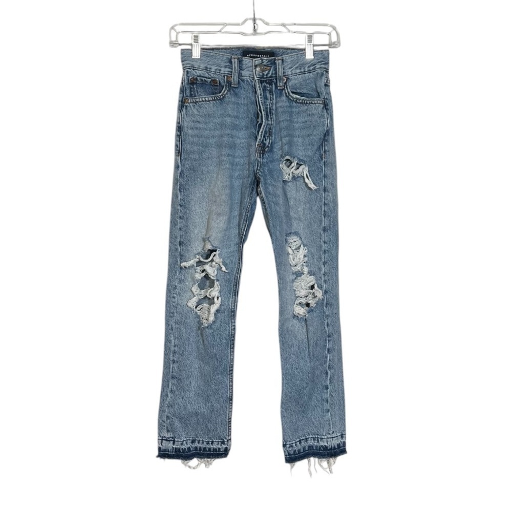 Aeropostale Super High Rise Straight Jeans Size 000 Blue Ripped Knees Distressed